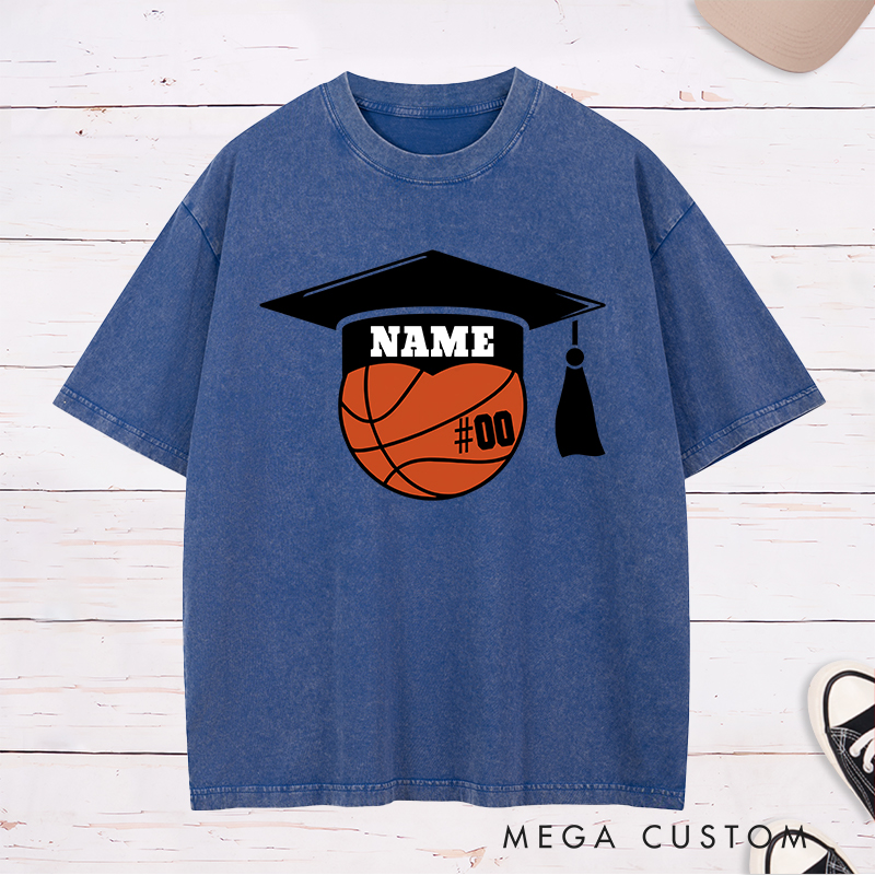 Personalized Washed T-Shirt Design Featuring a Basketball Graduation Cap Graphic with Customizable Jersey Number for a Unique Senior Look