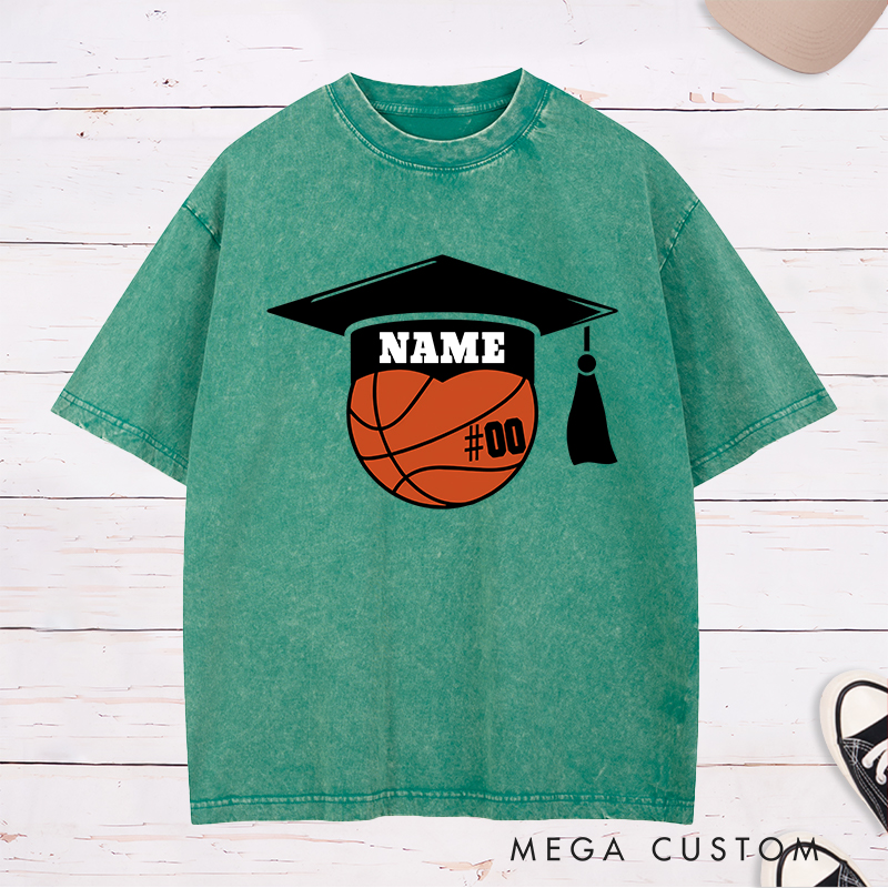 Personalized Washed T-Shirt Design Featuring a Basketball Graduation Cap Graphic with Customizable Jersey Number for a Unique Senior Look
