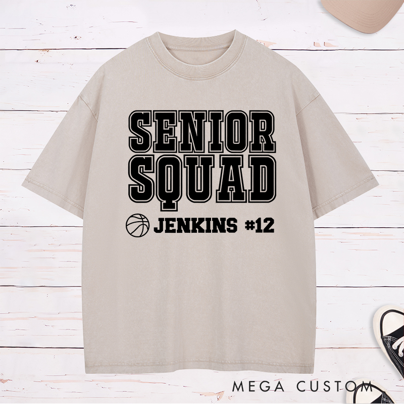 Personalized Washed T-Shirt Design Featuring "Senior Squad" Basketball Graphic with Customizable Name and Number for a Bold and Team-Spirited Look