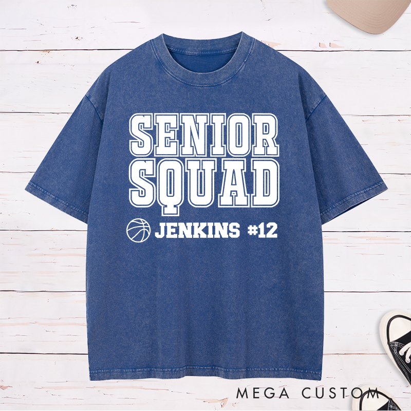 Personalized Washed T-Shirt Design Featuring "Senior Squad" Basketball Graphic with Customizable Name and Number for a Bold and Team-Spirited Look
