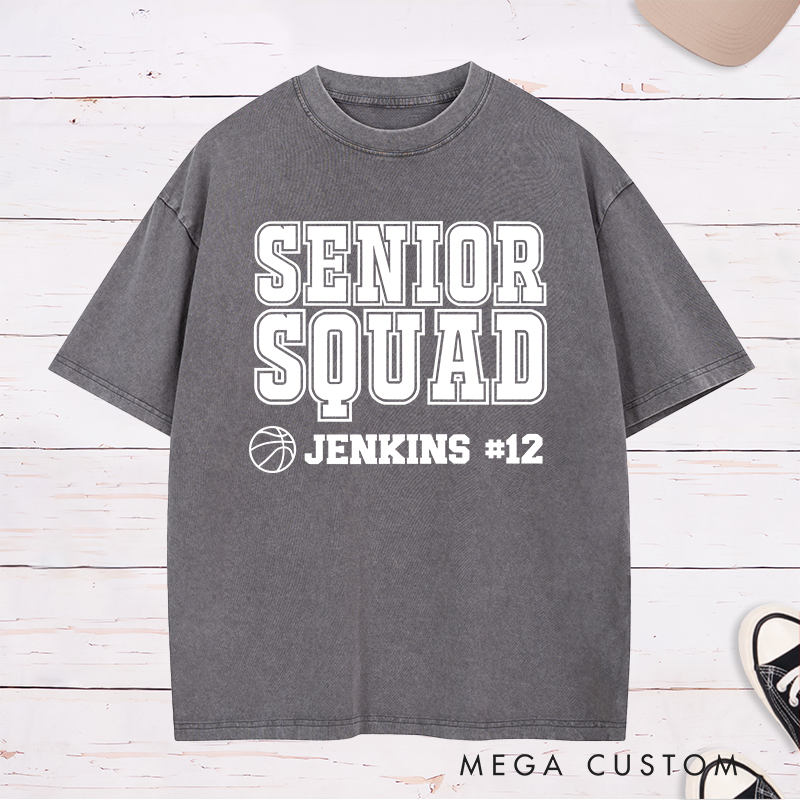 Personalized Washed T-Shirt Design Featuring "Senior Squad" Basketball Graphic with Customizable Name and Number for a Bold and Team-Spirited Look