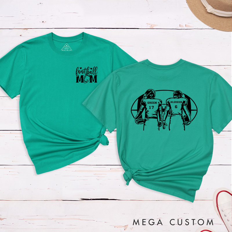 Personalized American Football Mom T-Shirts with Custom 2 Player Name and Number