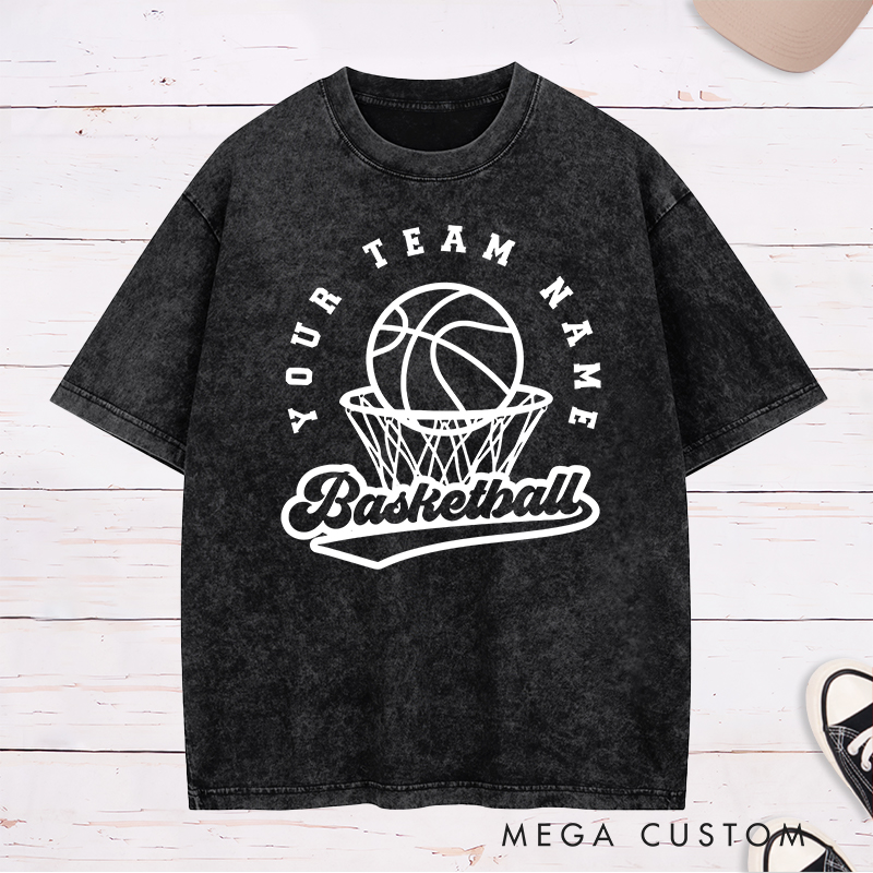 Personalized Washed T-Shirt Design Featuring Custom Team Name with Basketball Hoop and Ball Graphic for a Classic Sporty Look