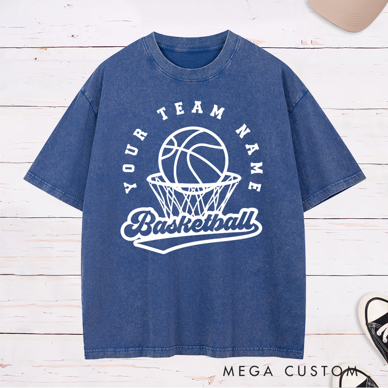 Personalized Washed T-Shirt Design Featuring Custom Team Name with Basketball Hoop and Ball Graphic for a Classic Sporty Look