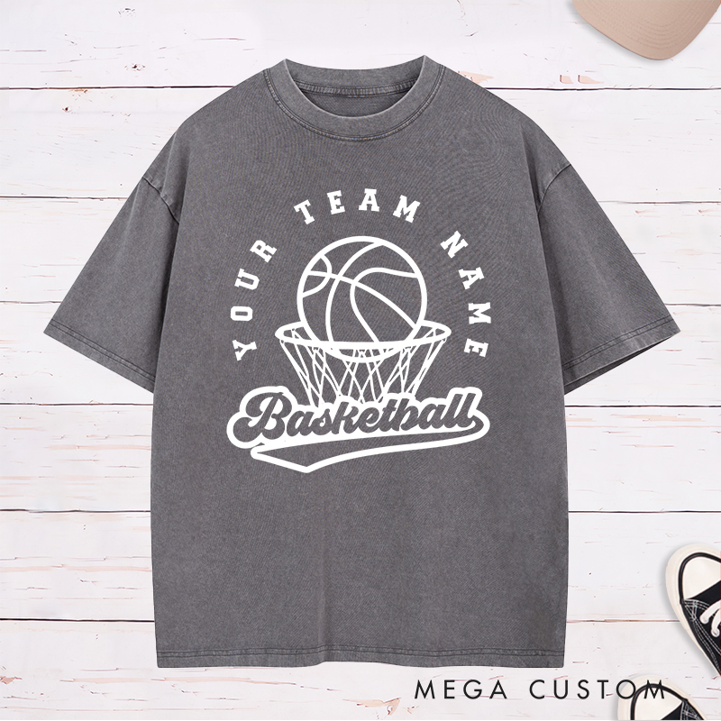 Personalized Washed T-Shirt Design Featuring Custom Team Name with Basketball Hoop and Ball Graphic for a Classic Sporty Look