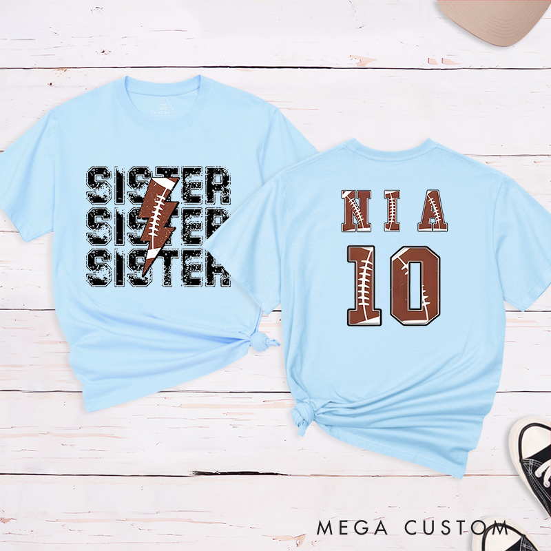 Personalized American Football and Rugby Sister T-Shirts with Custom Name and Number
