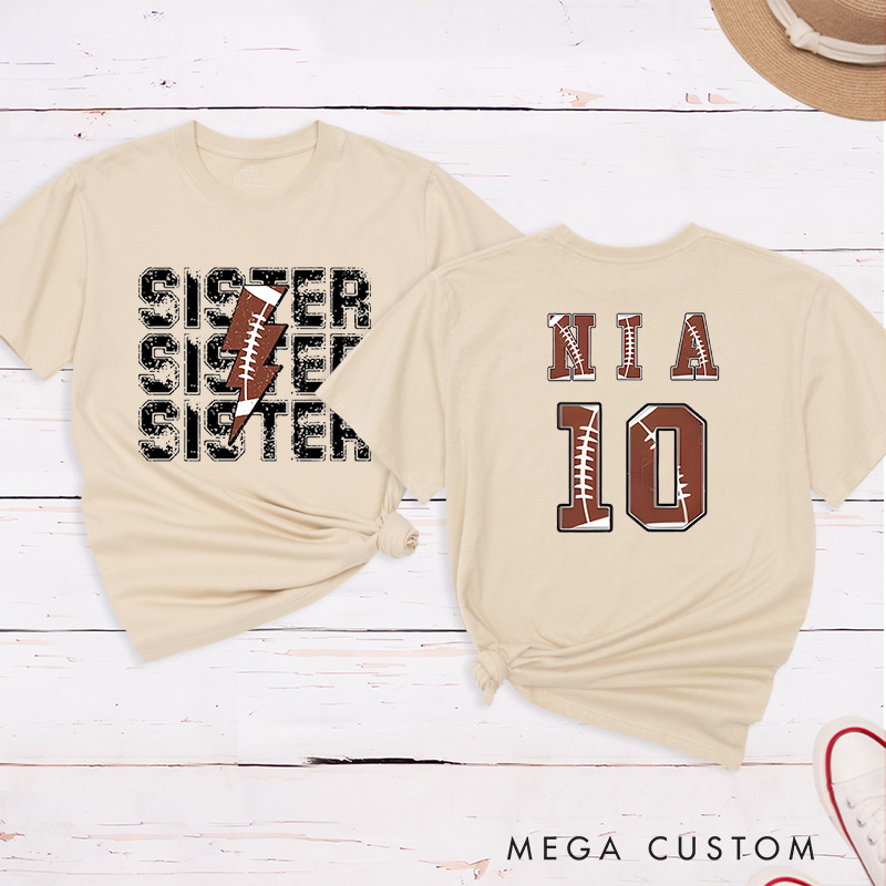 Personalized American Football and Rugby Sister T-Shirts with Custom Name and Number