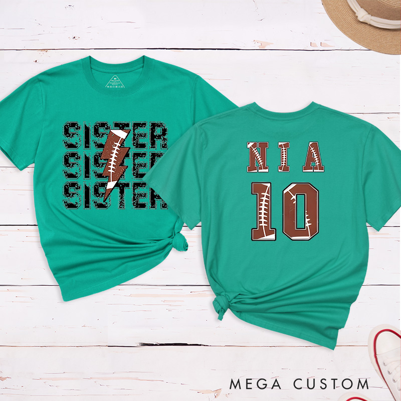Personalized American Football and Rugby Sister T-Shirts with Custom Name and Number