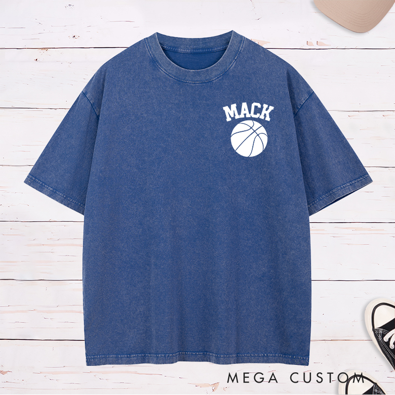Personalized Washed T-Shirt Design Featuring Bold Custom Name and Basketball Graphic for a Classic Sporty Look