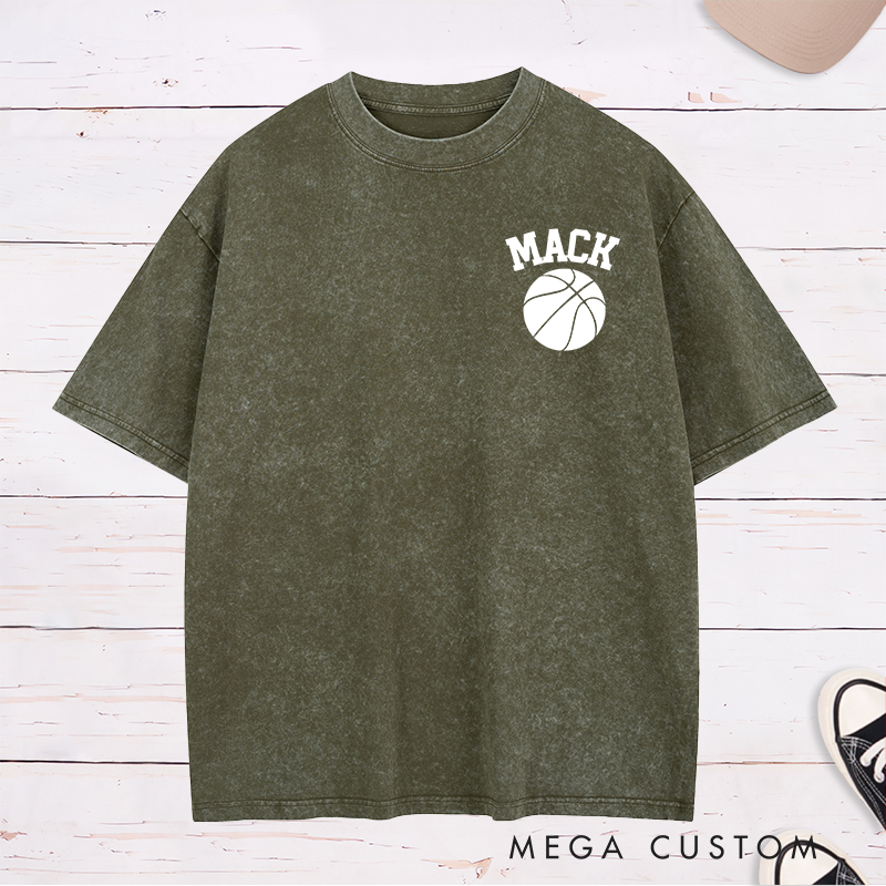 Personalized Washed T-Shirt Design Featuring Bold Custom Name and Basketball Graphic for a Classic Sporty Look