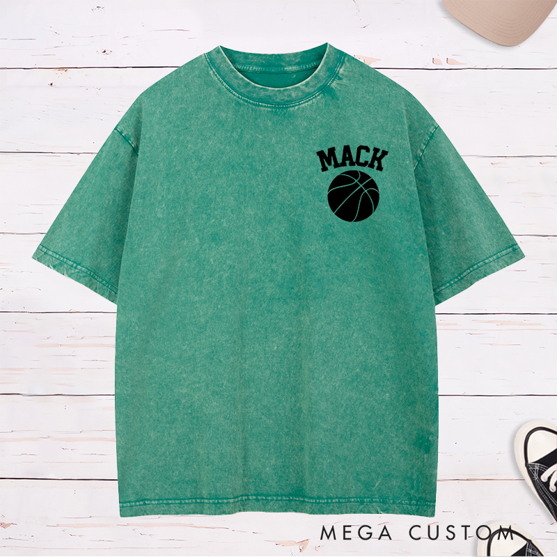 Personalized Washed T-Shirt Design Featuring Bold Custom Name and Basketball Graphic for a Classic Sporty Look