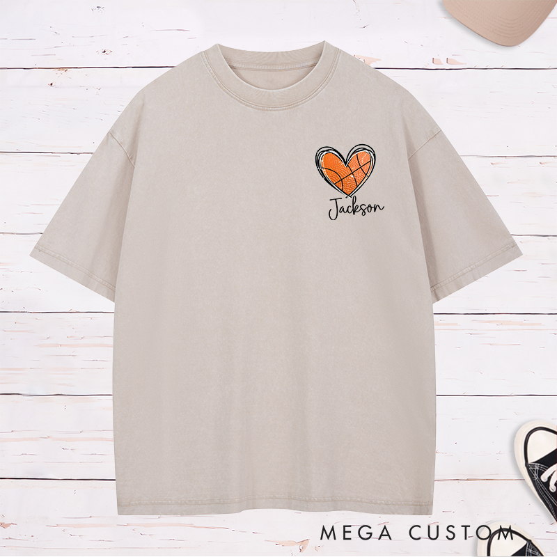 Personalized Washed T-Shirt Design Featuring Heart-Shaped Basketball Graphic with Custom Name for a Sporty and Stylish Look