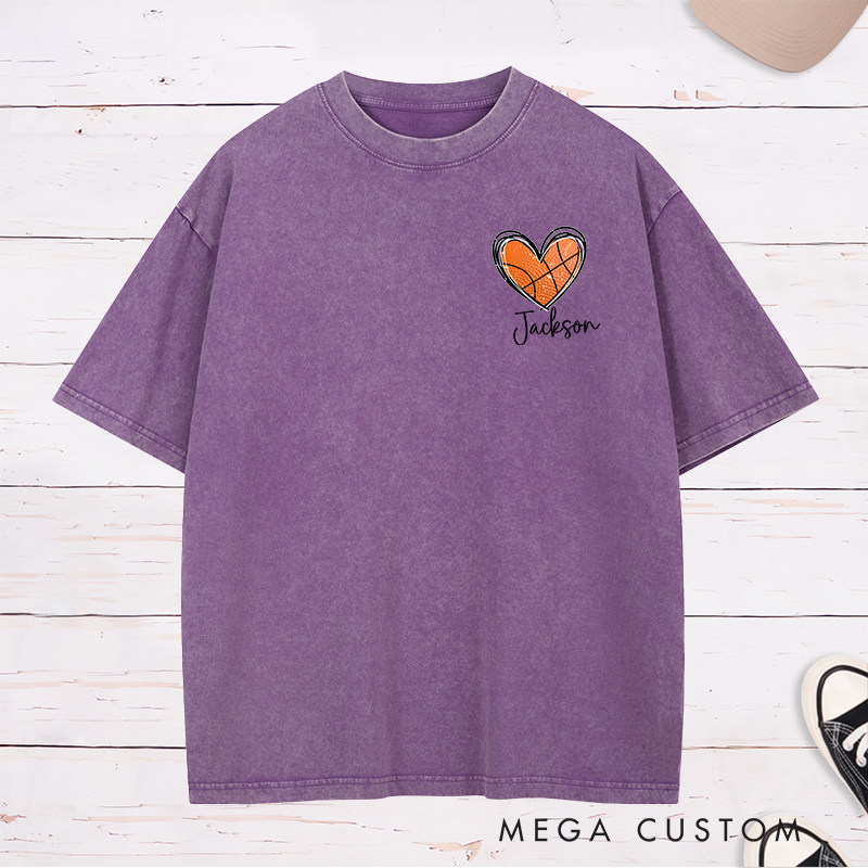 Personalized Washed T-Shirt Design Featuring Heart-Shaped Basketball Graphic with Custom Name for a Sporty and Stylish Look