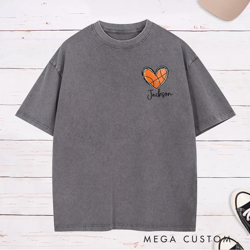 Personalized Washed T-Shirt Design Featuring Heart-Shaped Basketball Graphic with Custom Name for a Sporty and Stylish Look
