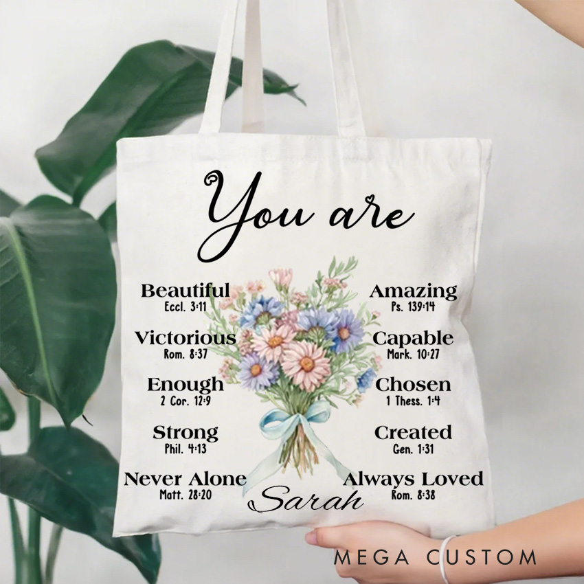 Personalized Birth Flower Bouquet Bible Verse Canvas Tote Bag with Name Inspirational Christmas Birthday Christian Gift for Women