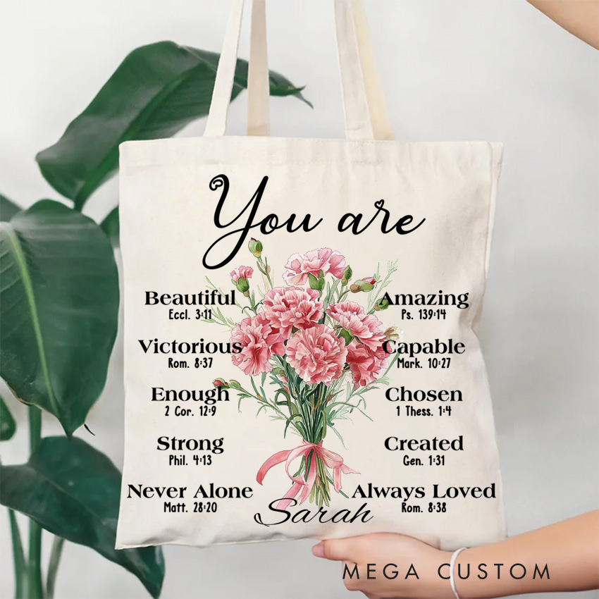 Personalized Birth Flower Bouquet Bible Verse Canvas Tote Bag with Name Inspirational Christmas Birthday Christian Gift for Women