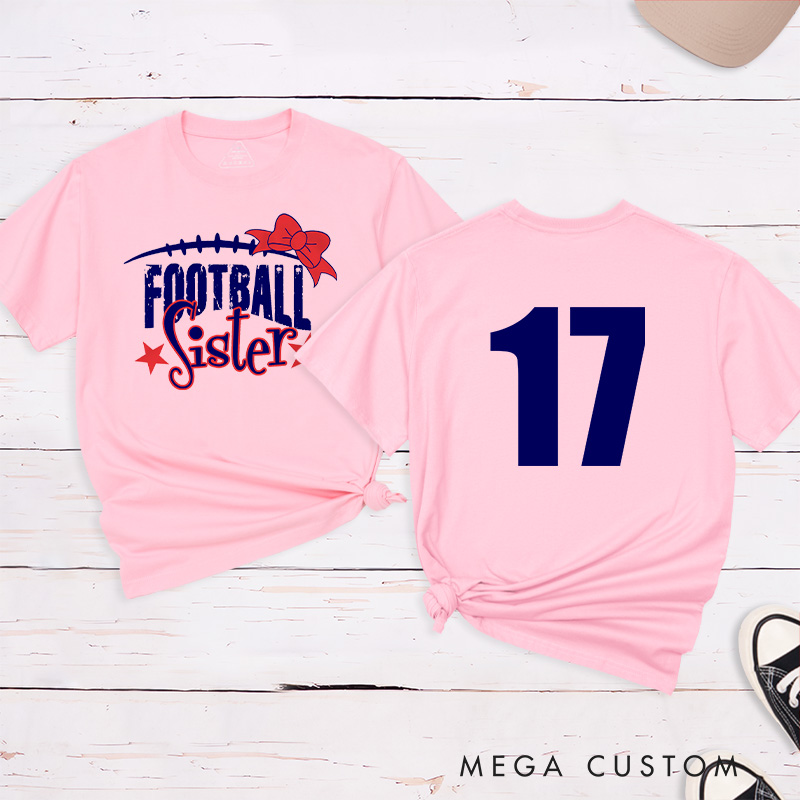 Personalized American Football and Rugby Bow Sister T-Shirts with Custom Numbers