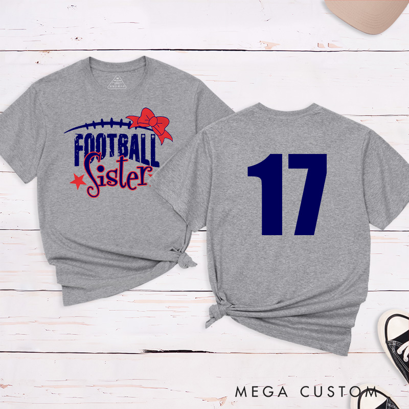 Personalized American Football and Rugby Bow Sister T-Shirts with Custom Numbers