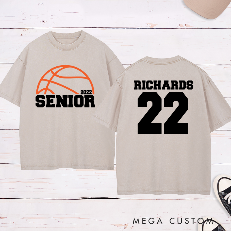 Personalized Washed T-Shirt Design Featuring Basketball Graphic and Customizable "Senior" Year Text for a Sporty and Memorable Look
