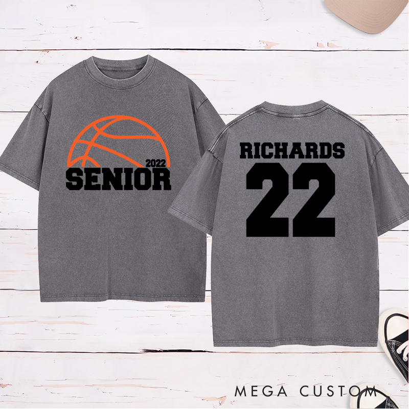 Personalized Washed T-Shirt Design Featuring Basketball Graphic and Customizable "Senior" Year Text for a Sporty and Memorable Look