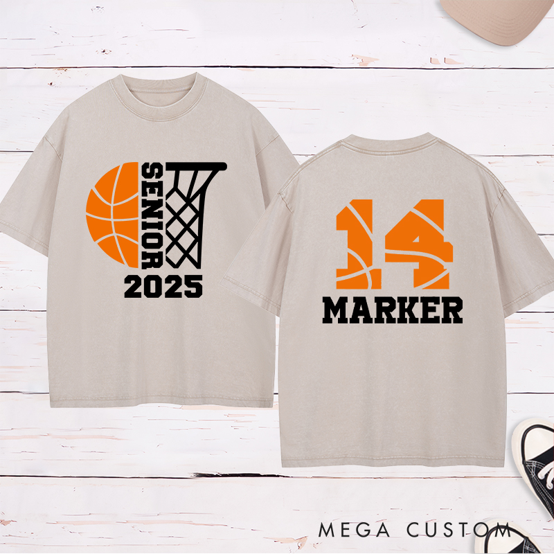 Personalized Washed T-Shirt Design Featuring Customizable Year Basketball Theme with Custom Name and Number for a Sporty Graduation Style