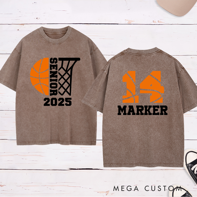 Personalized Washed T-Shirt Design Featuring Customizable Year Basketball Theme with Custom Name and Number for a Sporty Graduation Style