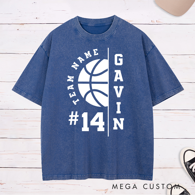 Personalized Washed T-Shirt Design Featuring Customizable Team Name Player Name and Number with Bold Basketball Graphics