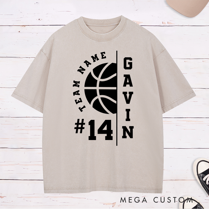 Personalized Washed T-Shirt Design Featuring Customizable Team Name Player Name and Number with Bold Basketball Graphics