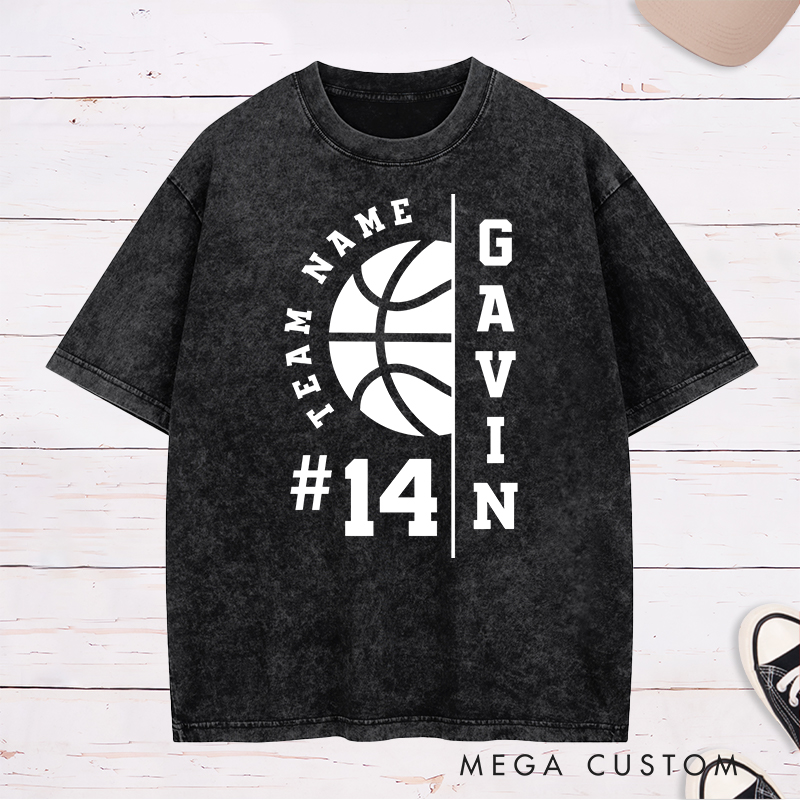 Personalized Washed T-Shirt Design Featuring Customizable Team Name Player Name and Number with Bold Basketball Graphics