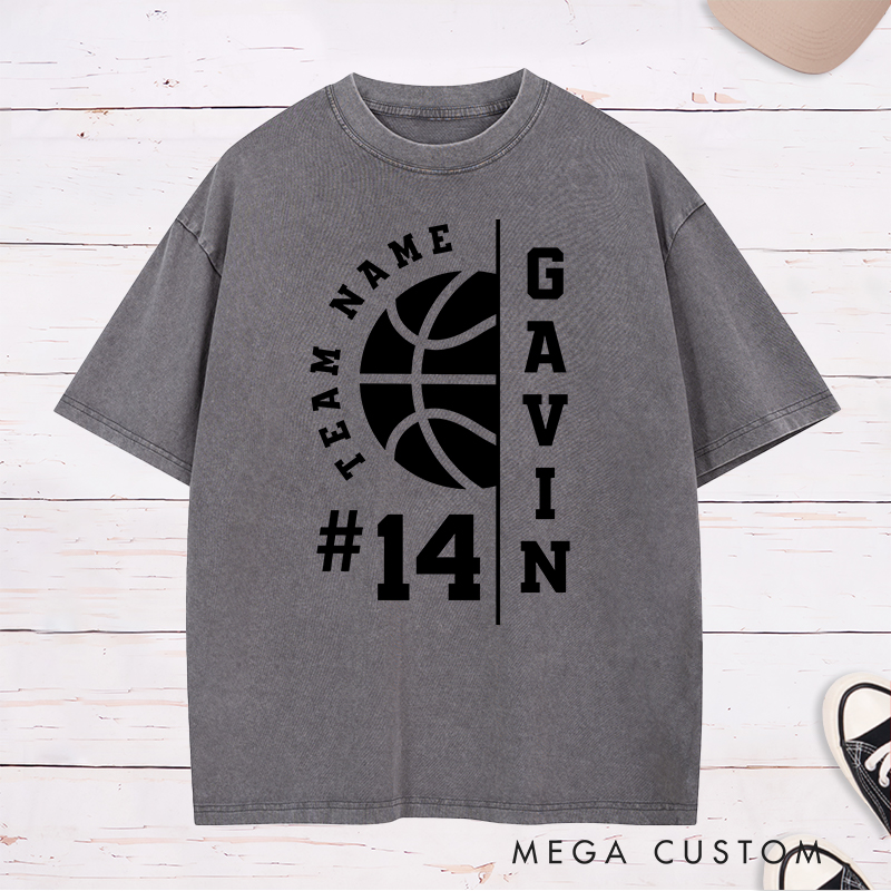 Personalized Washed T-Shirt Design Featuring Customizable Team Name Player Name and Number with Bold Basketball Graphics