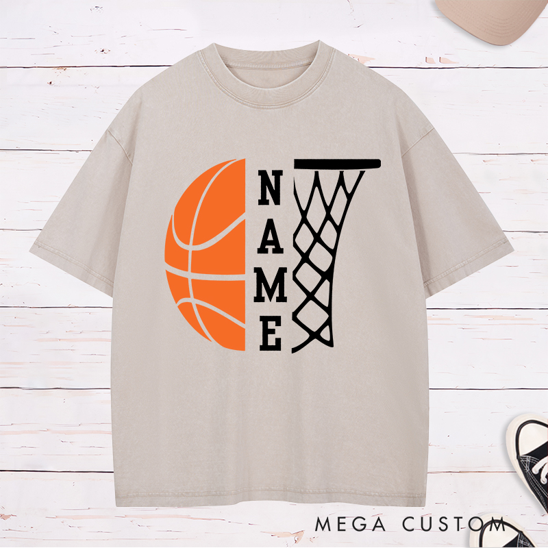 Personalized Washed T-Shirt Design Featuring a Bold Basketball and Hoop Graphic with Customizable Vertical Name Option