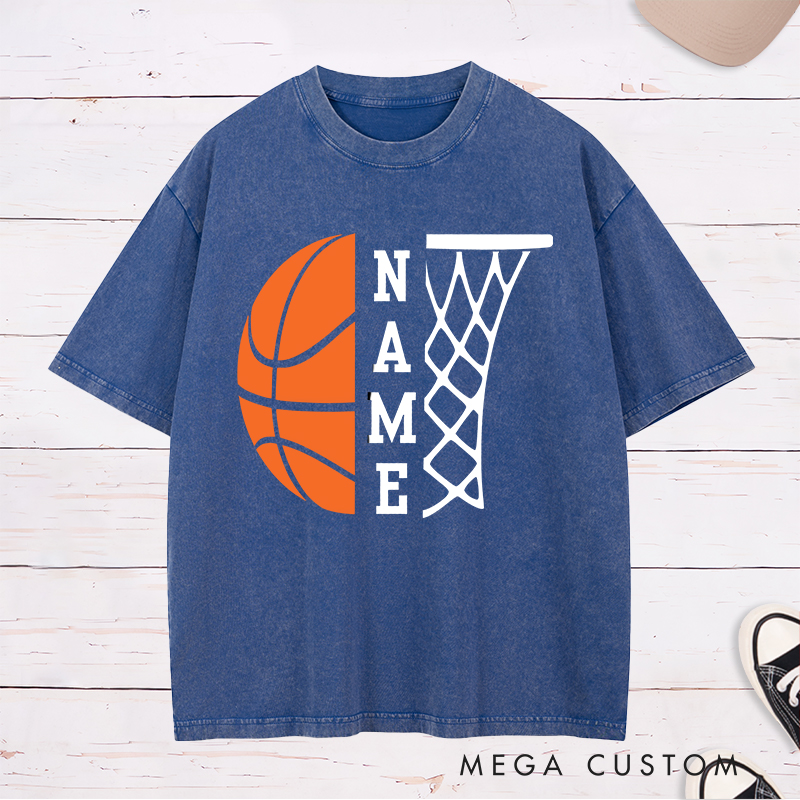 Personalized Washed T-Shirt Design Featuring a Bold Basketball and Hoop Graphic with Customizable Vertical Name Option