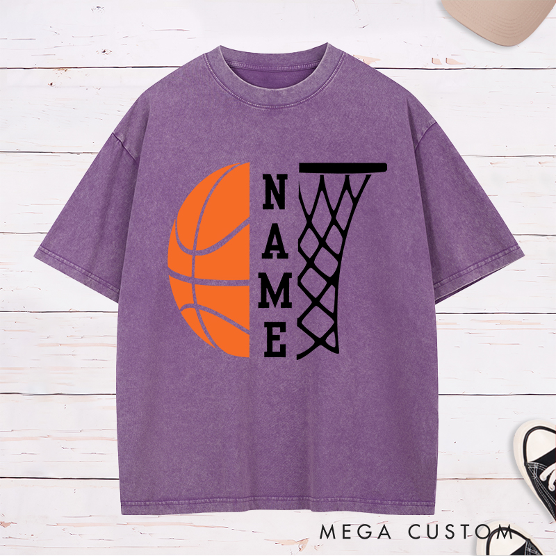 Personalized Washed T-Shirt Design Featuring a Bold Basketball and Hoop Graphic with Customizable Vertical Name Option
