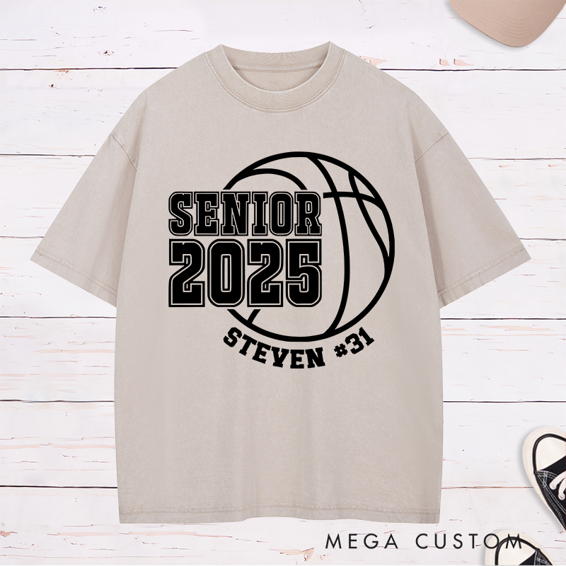 Personalized Washed T-Shirt Design Featuring Senior Year Basketball Graphic with Customizable Name and Number