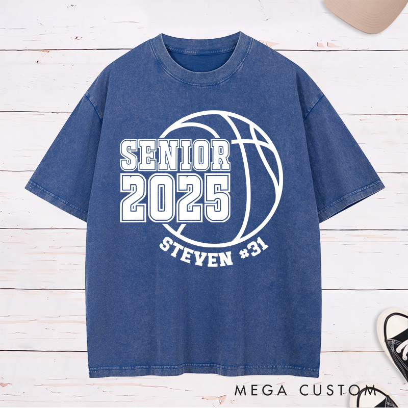 Personalized Washed T-Shirt Design Featuring Senior Year Basketball Graphic with Customizable Name and Number