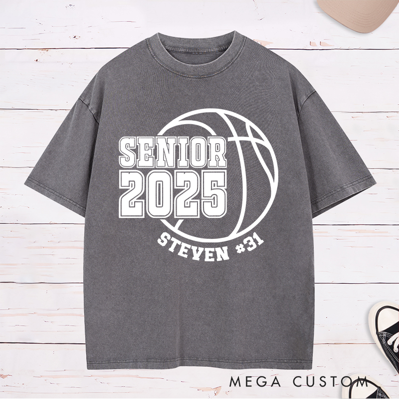 Personalized Washed T-Shirt Design Featuring Senior Year Basketball Graphic with Customizable Name and Number