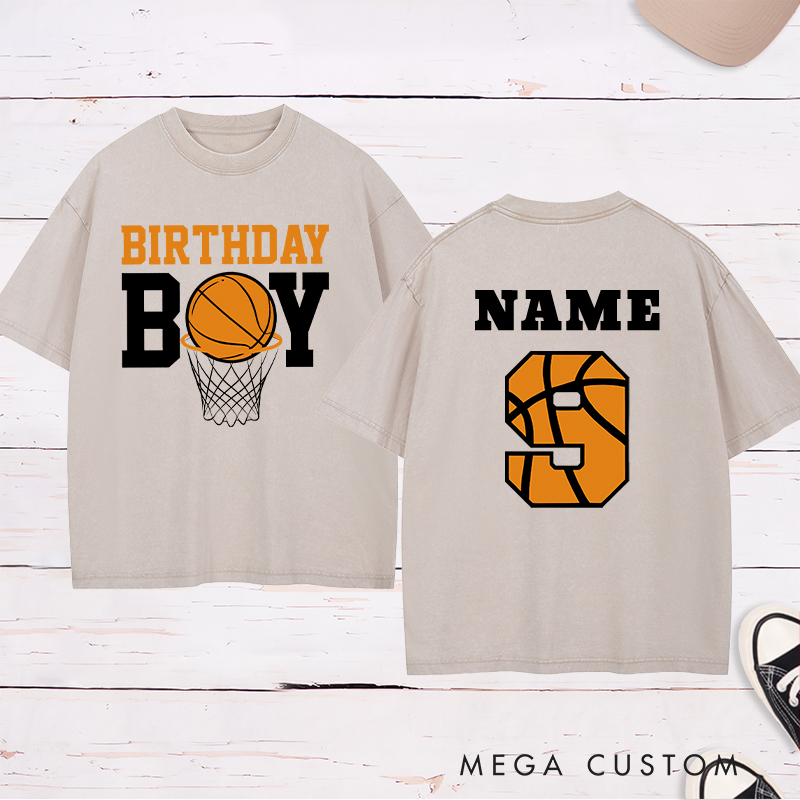 Personalized Washed T-Shirt Design Featuring a Basketball Birthday Theme with Customizable Name and Age for a Fun and Unique Celebration