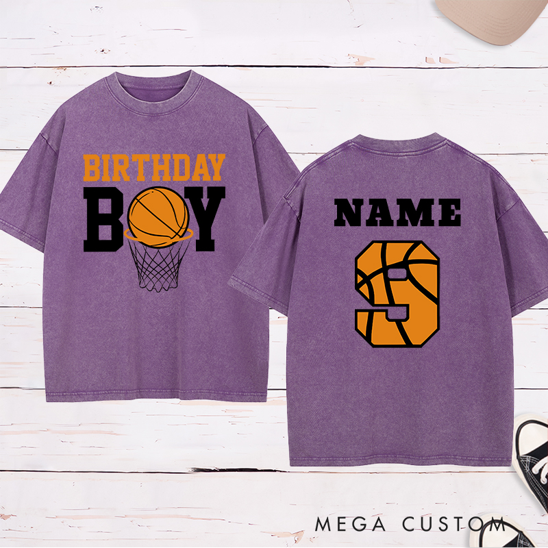 Personalized Washed T-Shirt Design Featuring a Basketball Birthday Theme with Customizable Name and Age for a Fun and Unique Celebration