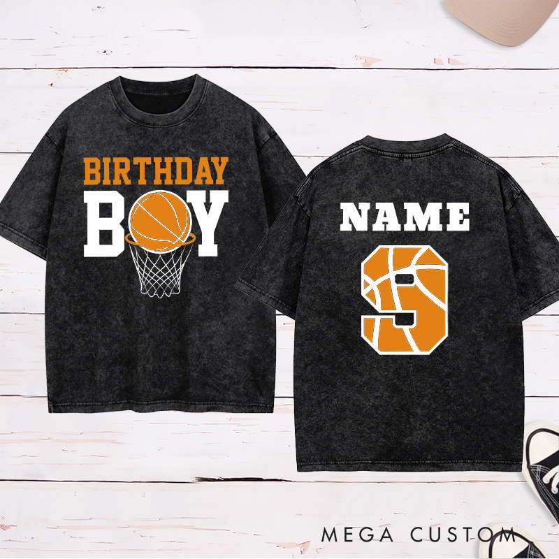 Personalized Washed T-Shirt Design Featuring a Basketball Birthday Theme with Customizable Name and Age for a Fun and Unique Celebration