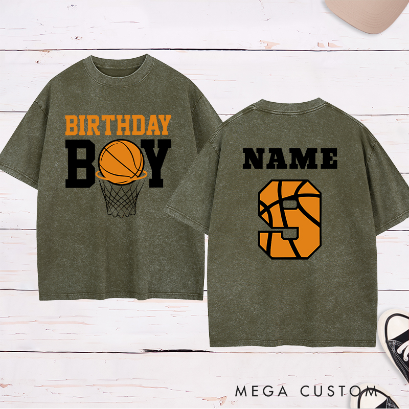 Personalized Washed T-Shirt Design Featuring a Basketball Birthday Theme with Customizable Name and Age for a Fun and Unique Celebration