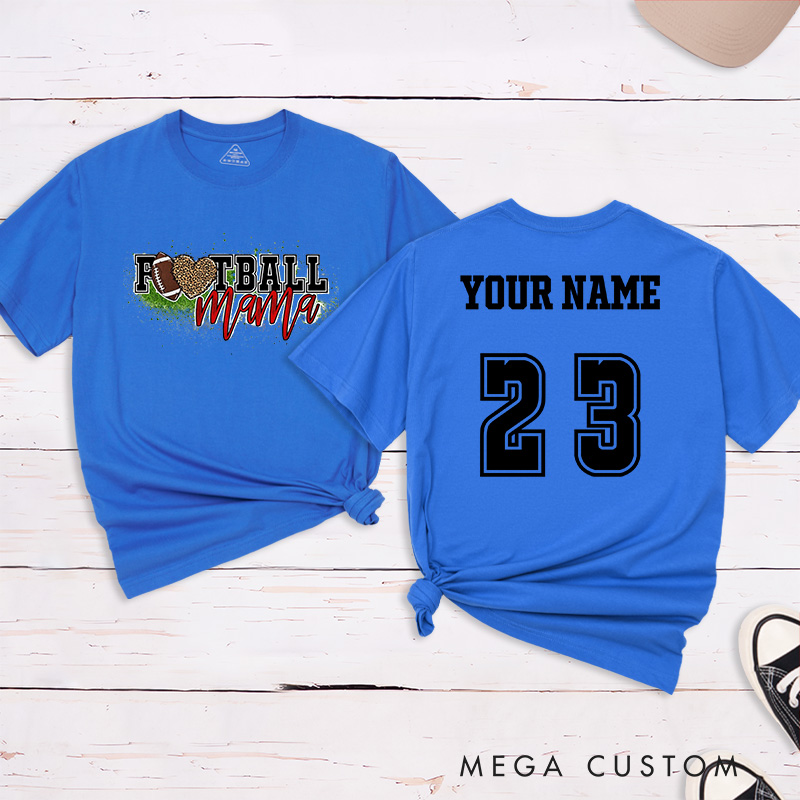 Personalized American Football Leopard Mama T-Shirts Featuring Custom Name and Number