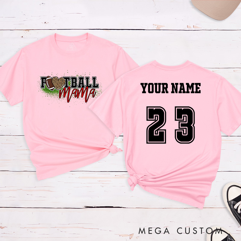 Personalized American Football Leopard Mama T-Shirts Featuring Custom Name and Number