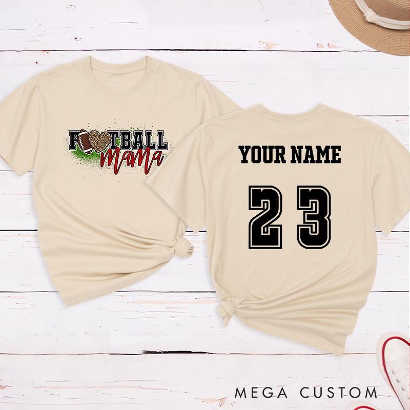 Personalized American Football Leopard Mama T-Shirts Featuring Custom Name and Number