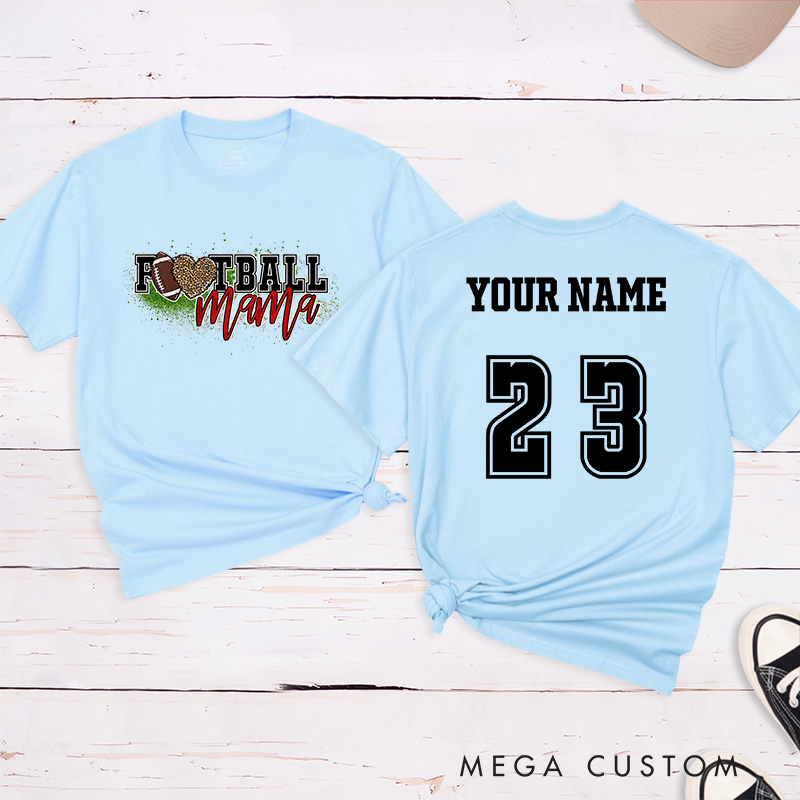 Personalized American Football Leopard Mama T-Shirts Featuring Custom Name and Number