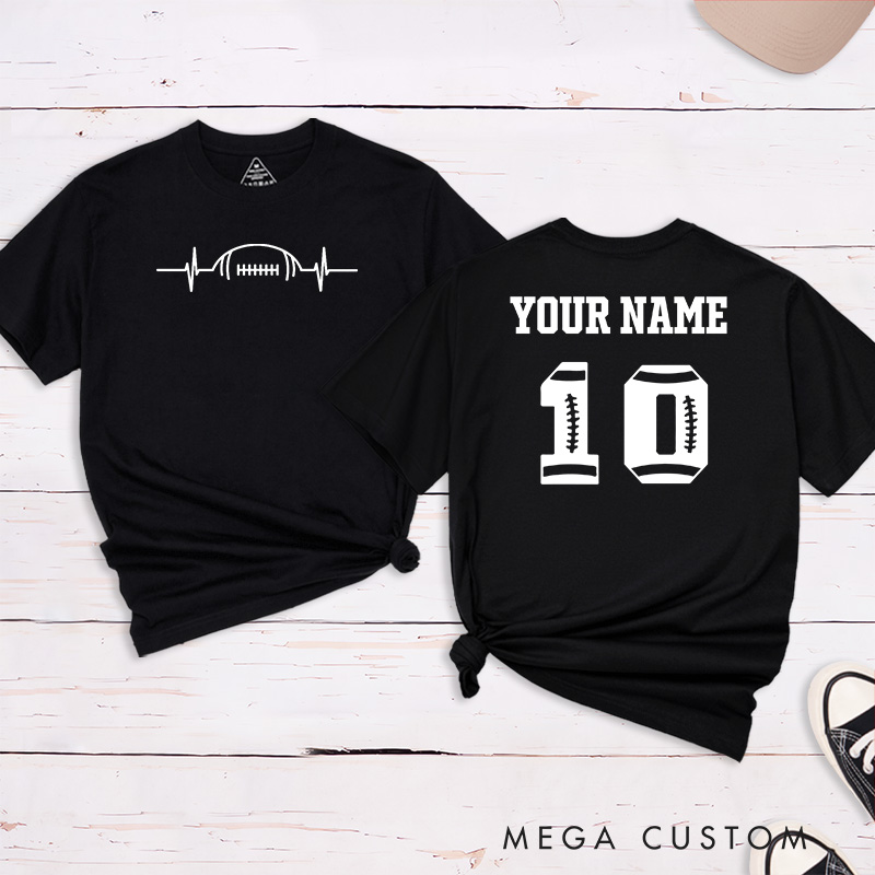 Personalized American Football and Rugby Heart Beat T-Shirts Featuring Custom Name and Number