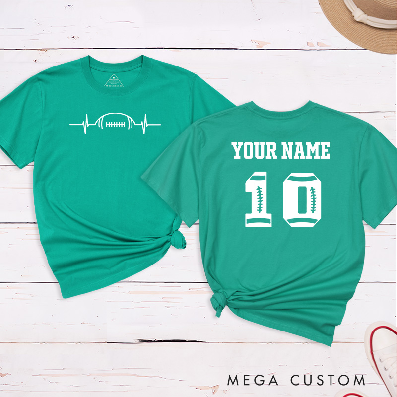 Personalized American Football and Rugby Heart Beat T-Shirts Featuring Custom Name and Number