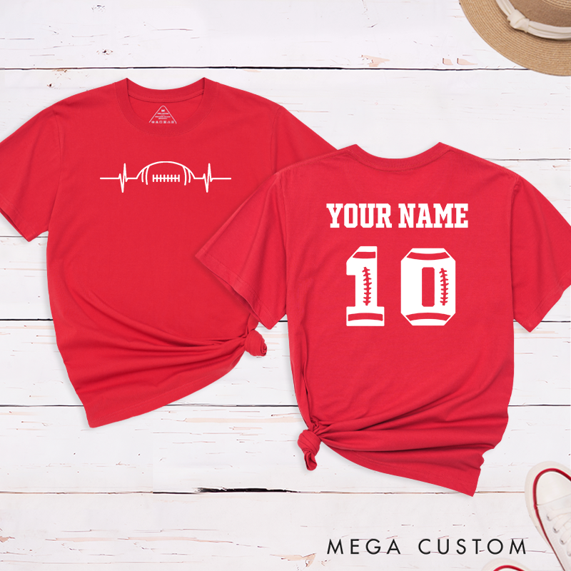 Personalized American Football and Rugby Heart Beat T-Shirts Featuring Custom Name and Number