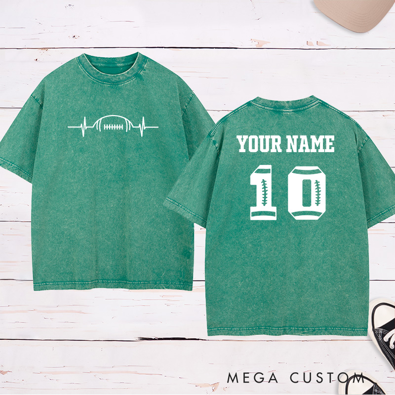 Personalized American Football and Rugby Heart Beat Washed T-Shirts Featuring Custom Name and Number