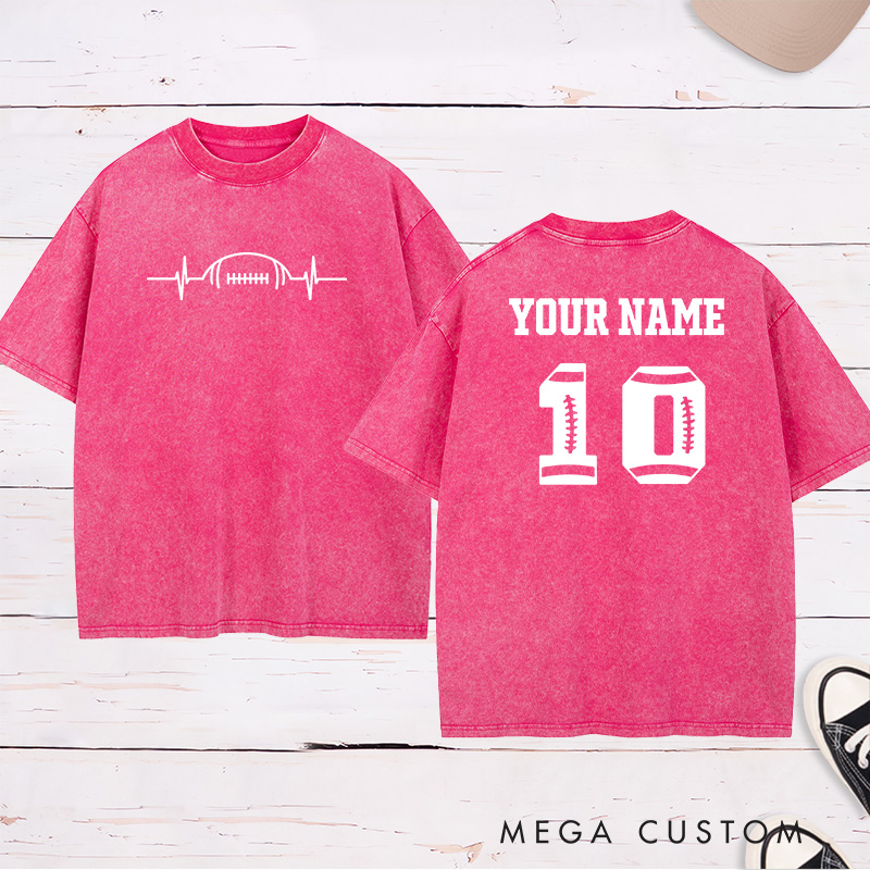 Personalized American Football and Rugby Heart Beat Washed T-Shirts Featuring Custom Name and Number