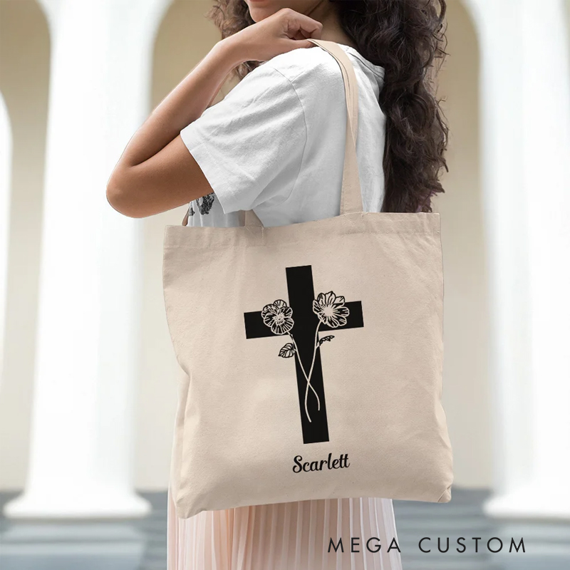 Personalized Cross Birth Flowers Large Bible Carrying Canvas Bag with Text Christmas Baptism Gift for Christian